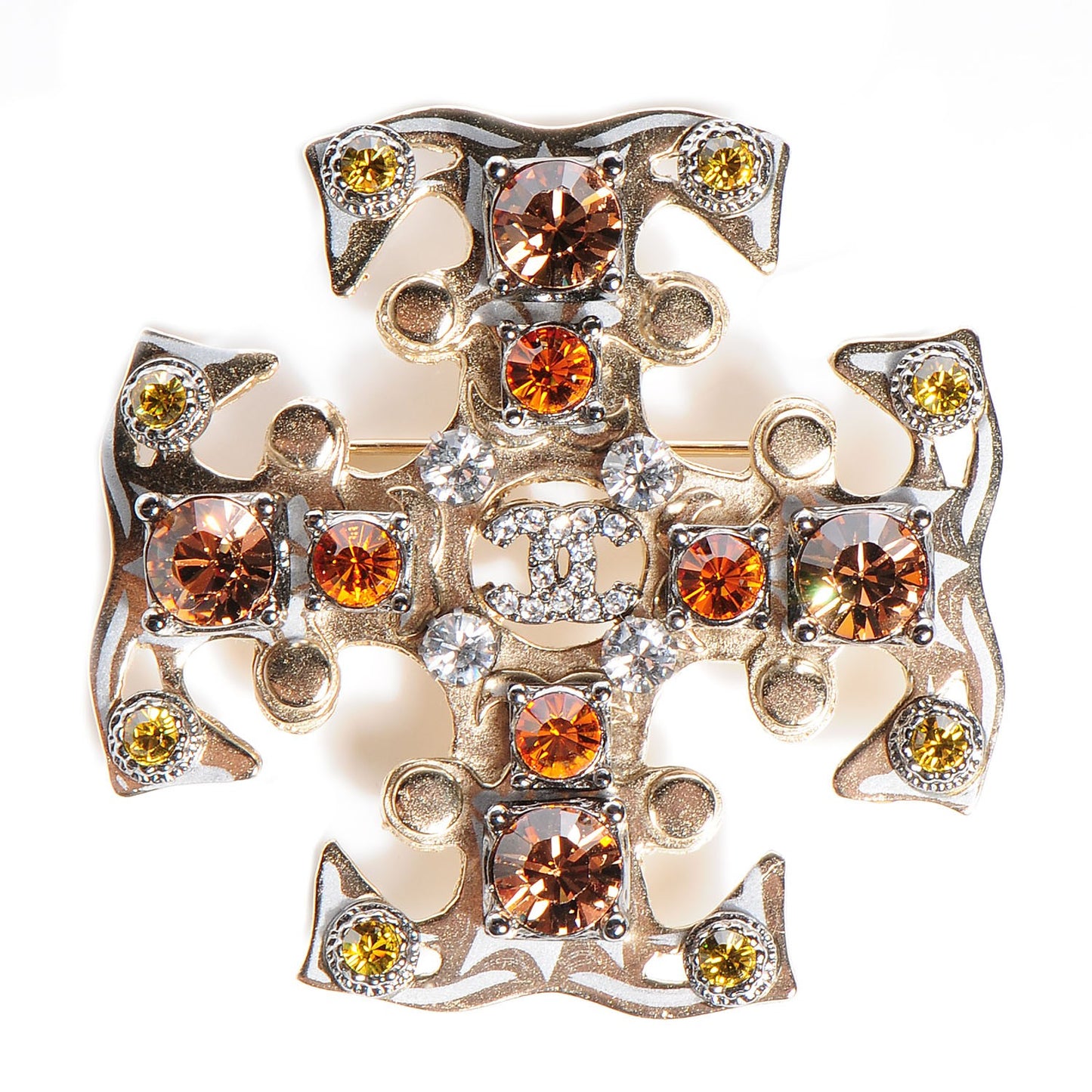 Crystal CC Maltese Cross Brooch Multicolor Gold