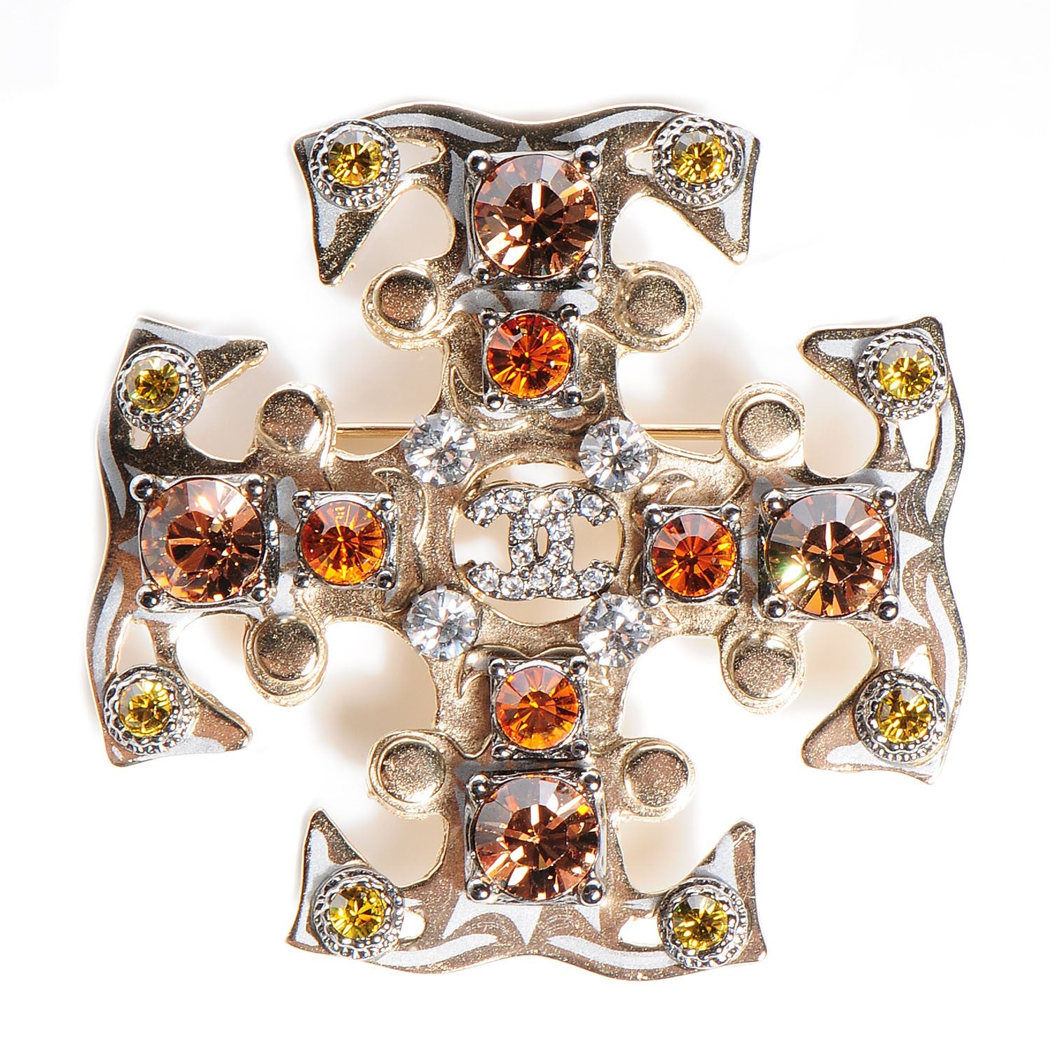Chanel Crystal CC Maltese Cross Brooch Multicolor Gold 1 of 4