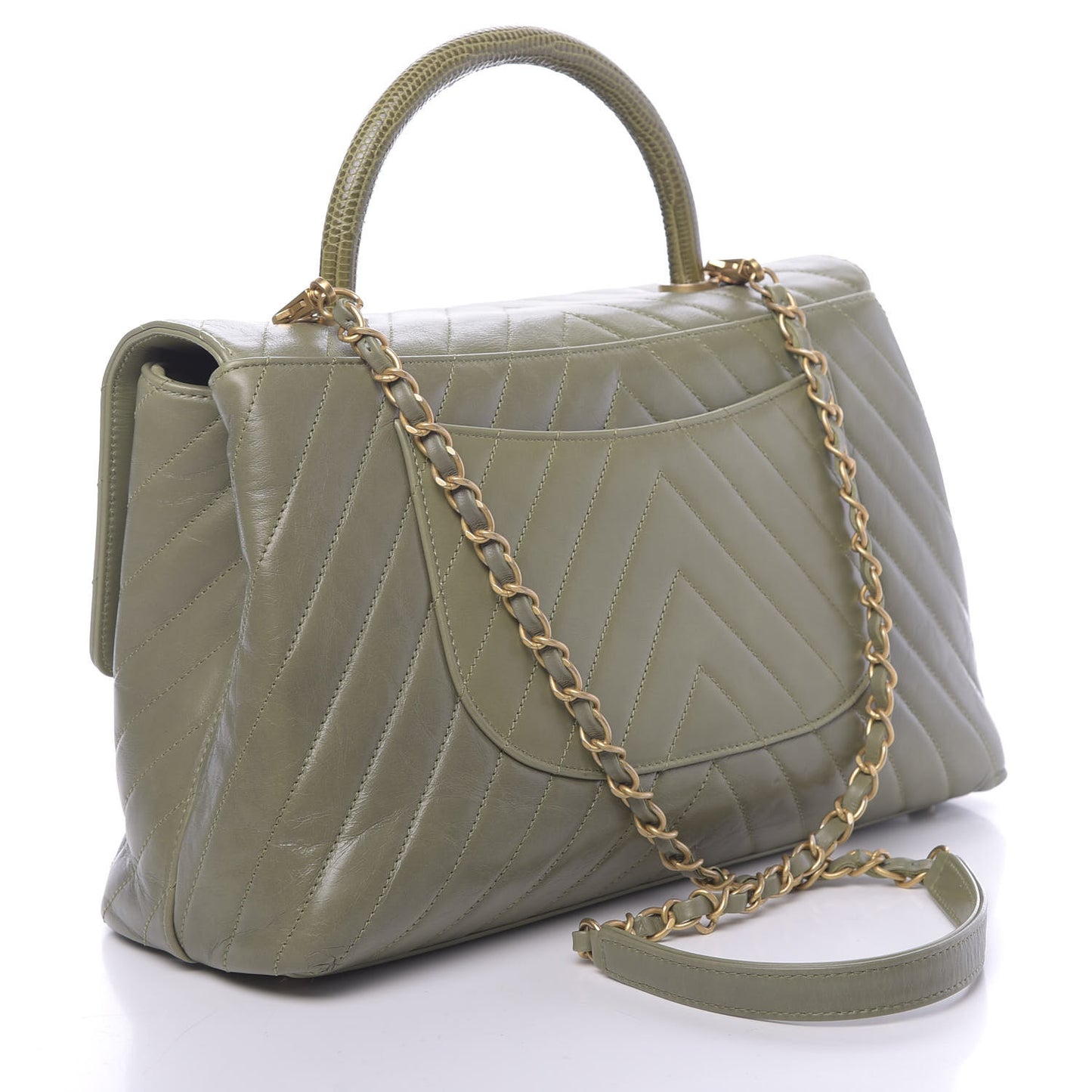 Calfskin Lizard Chevron Quilted Medium Coco Handle Flap Green