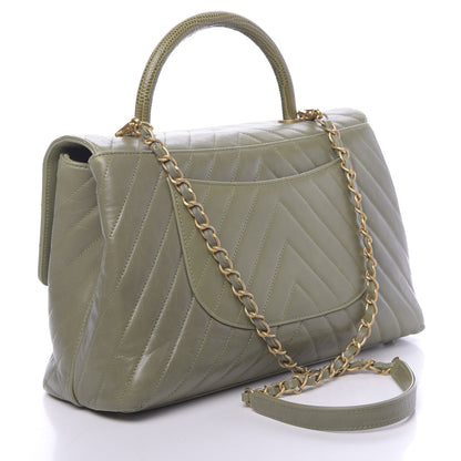 Chanel Calfskin Lizard Chevron Quilted Medium Coco Handle Flap Green 3 of 13