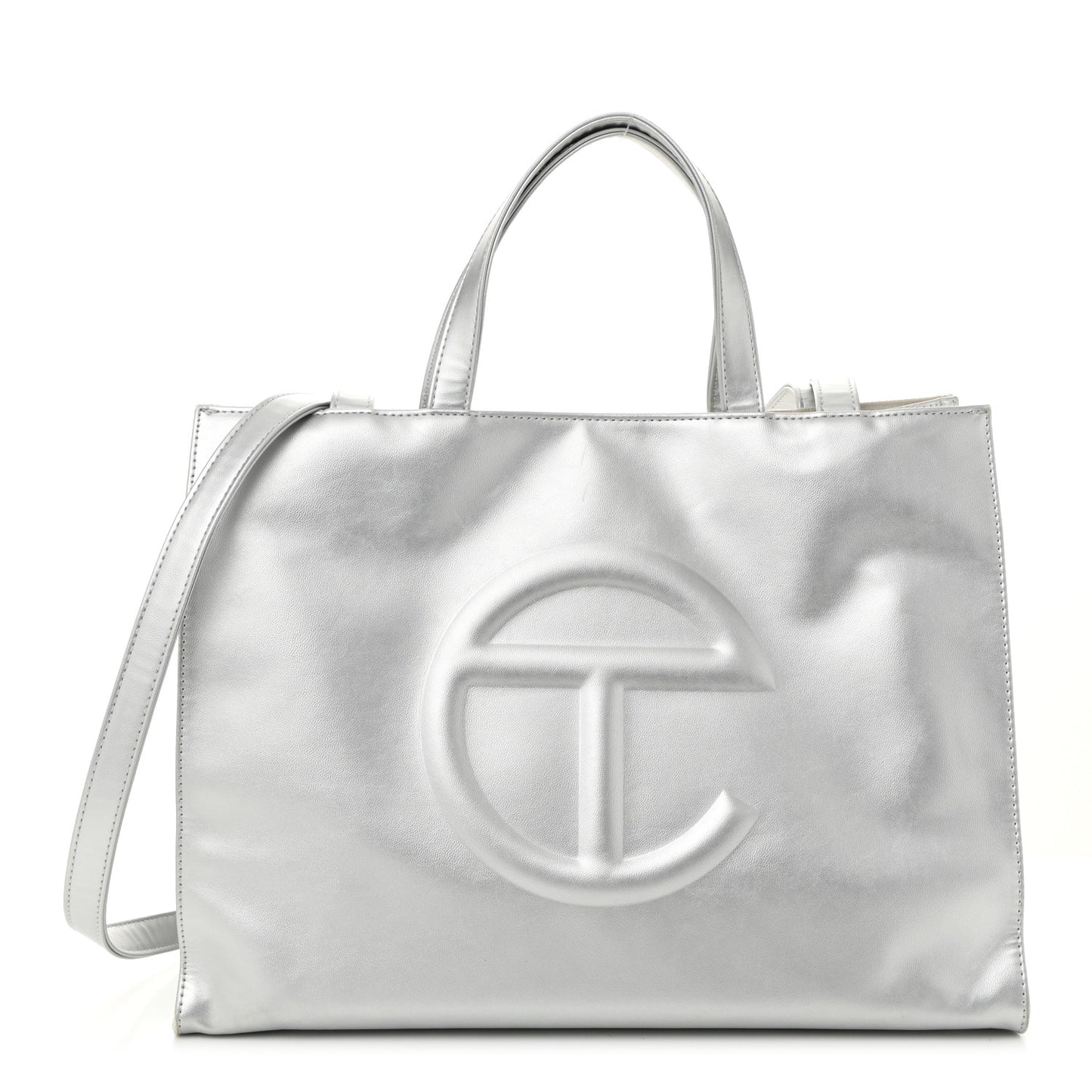 Metallic Vegan Leather Medium Shopping Bag Silver