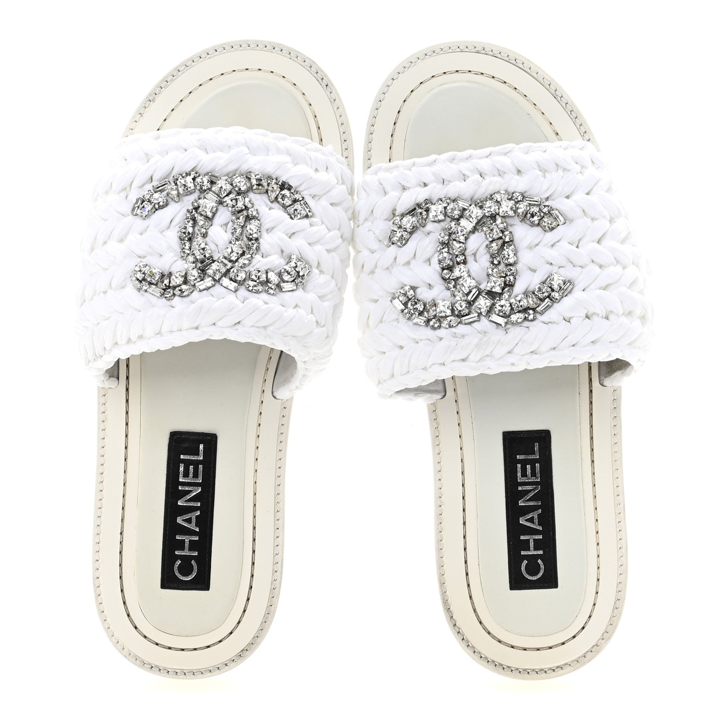 Raffia Crystal CC Mules Sandals 39 White