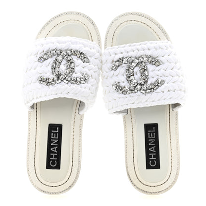 Chanel Raffia Crystal CC Mules Sandals 39 White 2 of 10