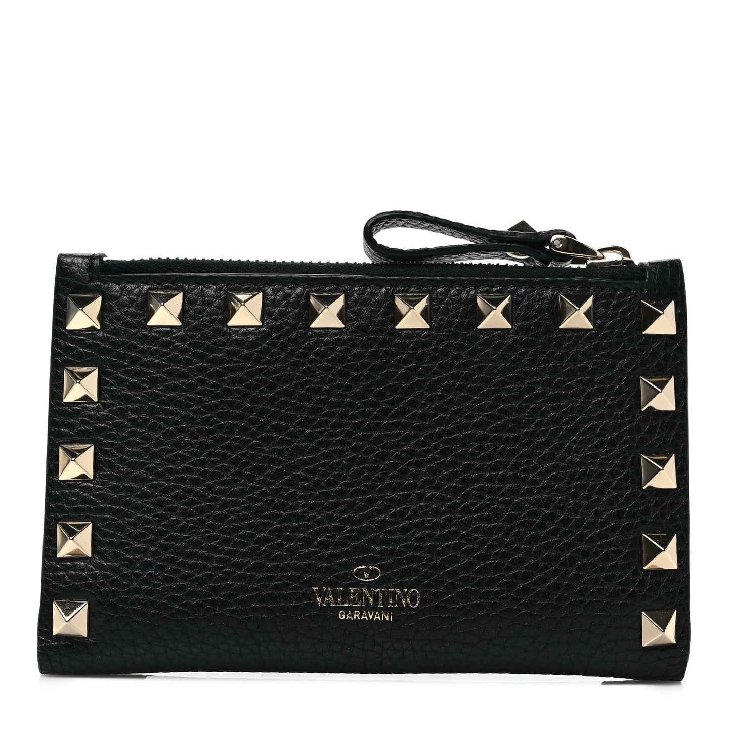 Calfskin Rockstud Compact Bi-Fold Wallet Black