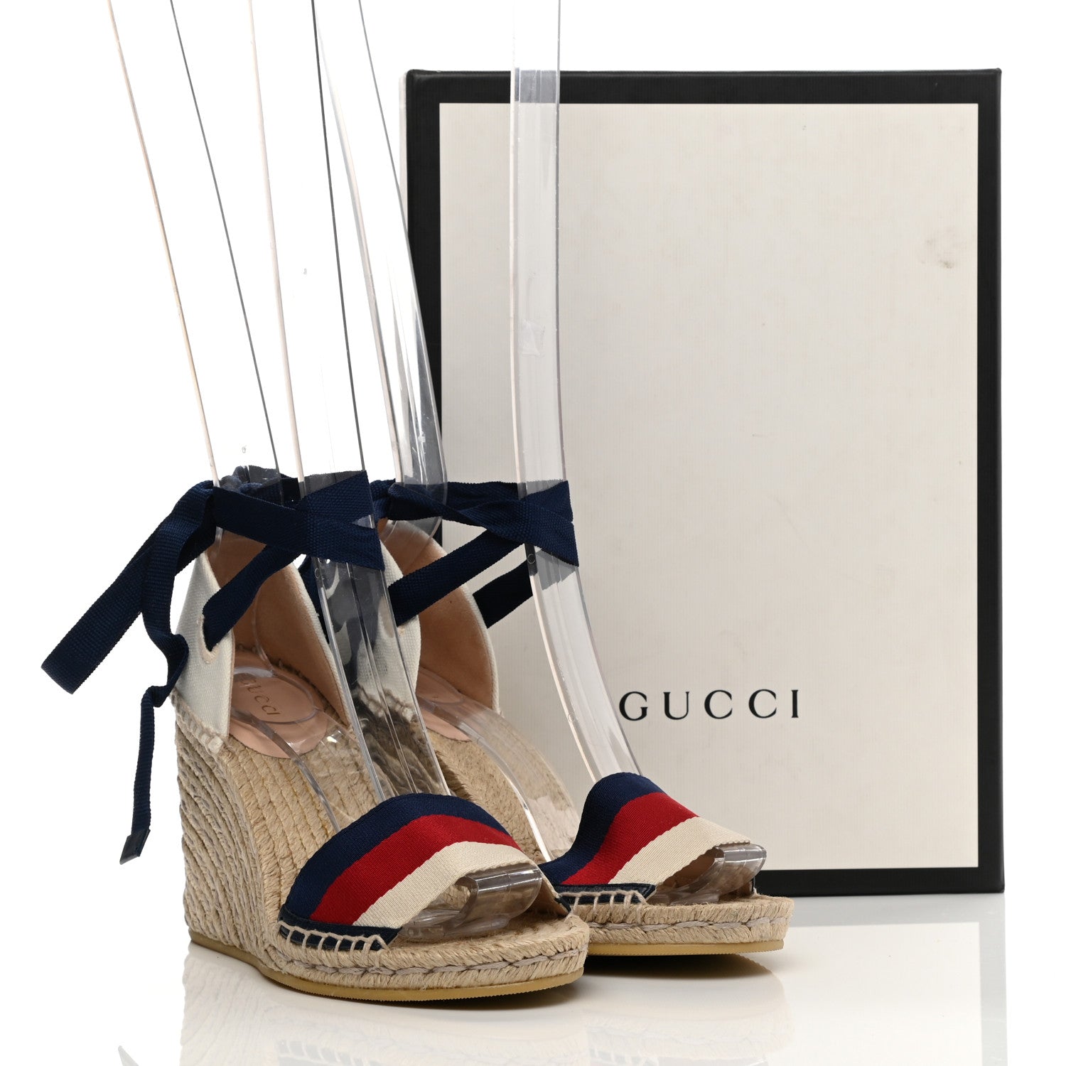 Gucci Canvas Sylvie Web Ankle Wrap Espadrille Wedge Sandals 37.5 Mystic White Hibiscus Red Maritime 10 of 10
