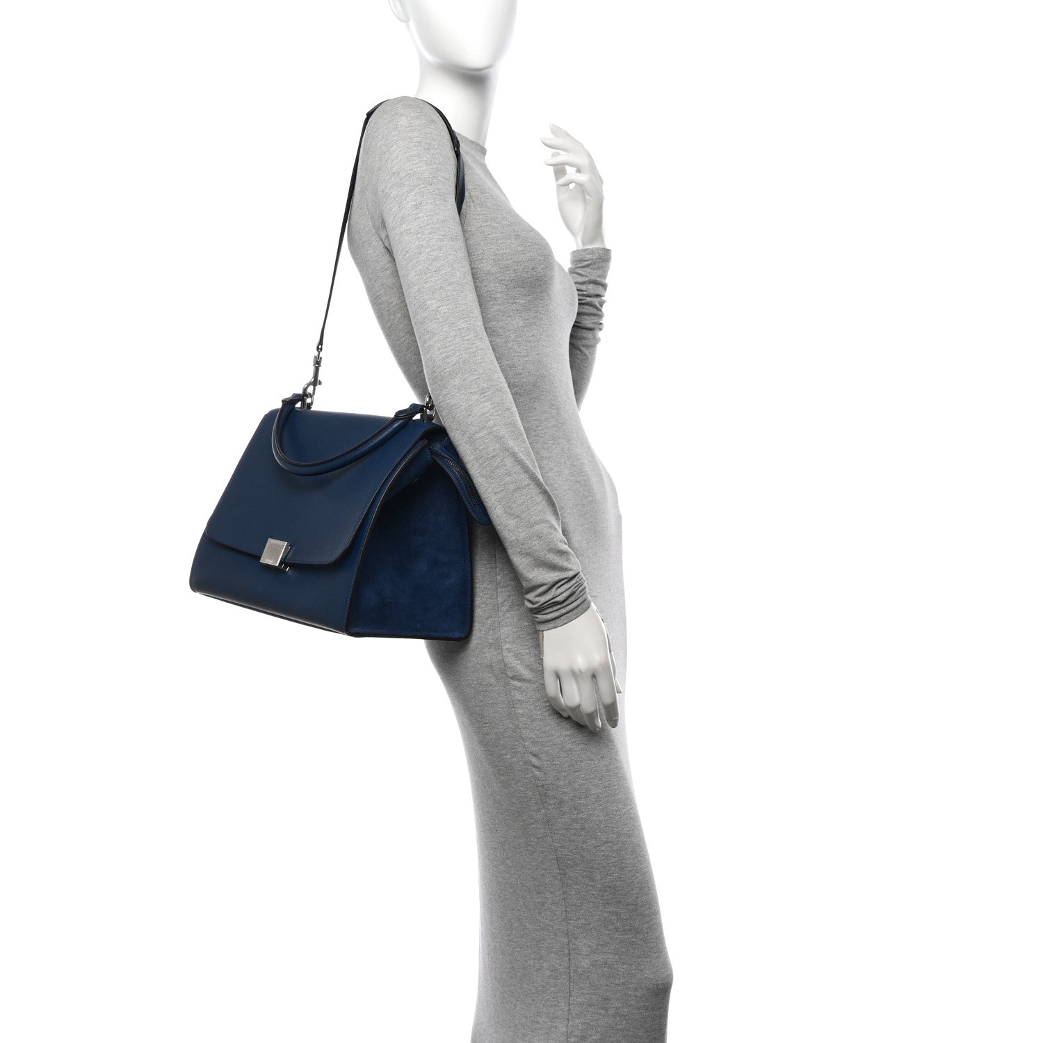 Celine Drummed Calfskin Suede Medium Trapeze Ocean Bue 2 of 12