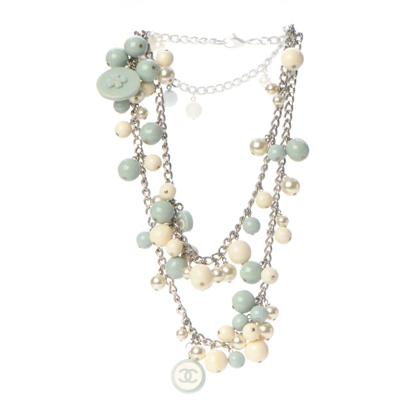 Resin Pearl CC Long Necklace Silver