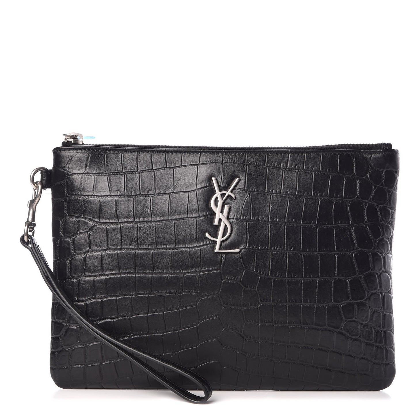 Calfskin Crocodile Embossed Monogram Zip Pouch Black
