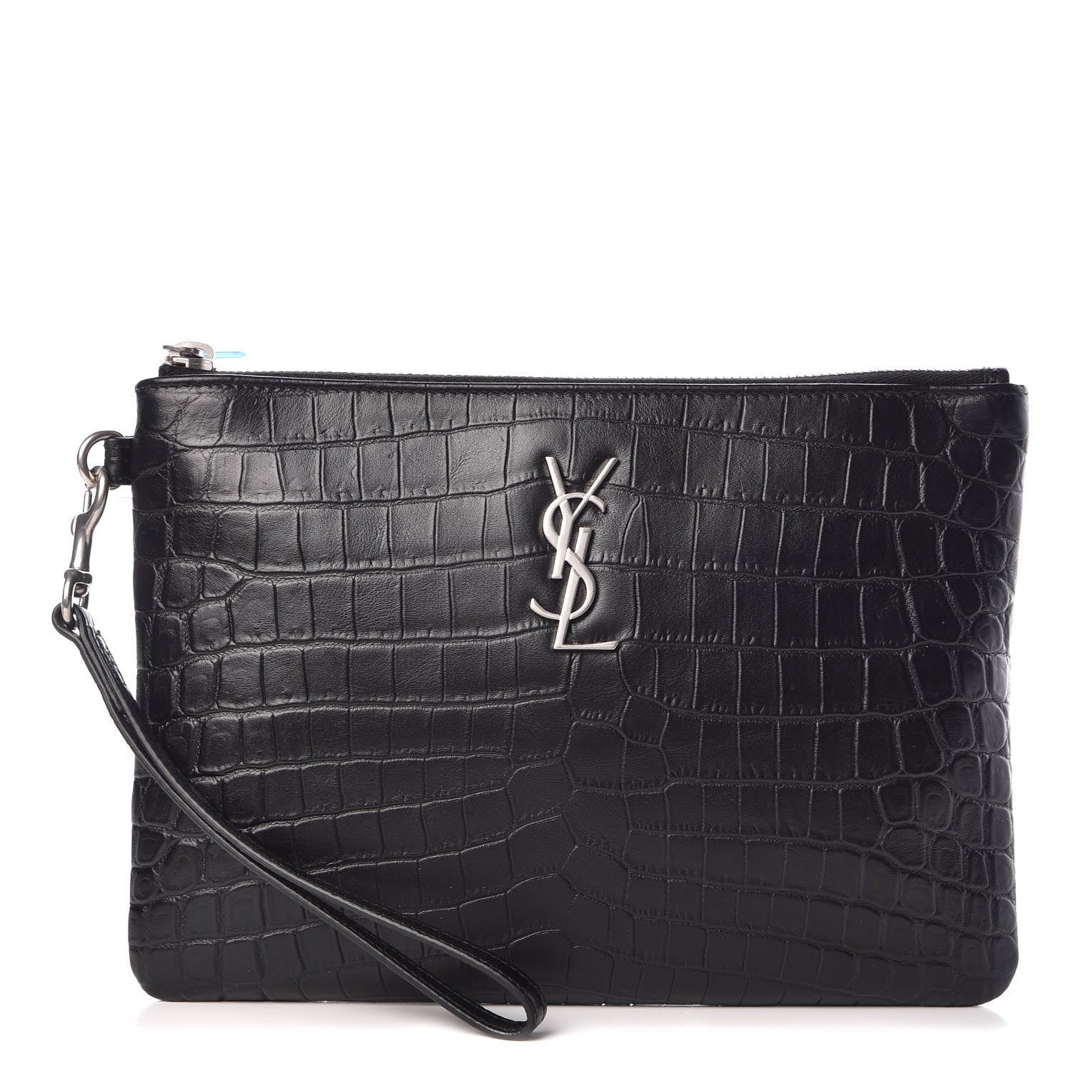 Saint Laurent Calfskin Crocodile Embossed Monogram Zip Pouch Black 1 of 9