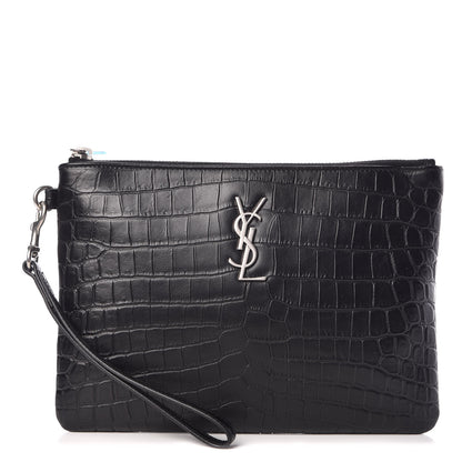 Saint Laurent Calfskin Crocodile Embossed Monogram Zip Pouch Black 1 of 9