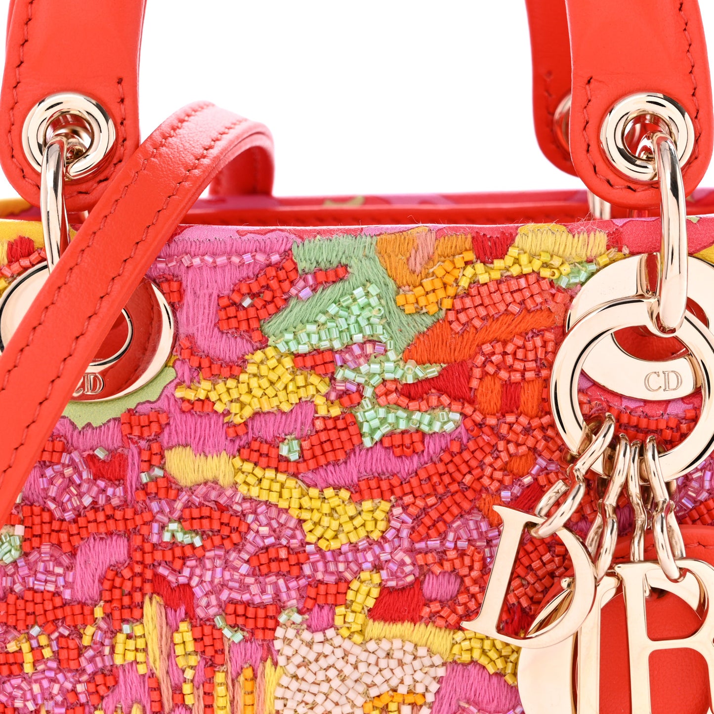 Beaded Embroidery Lambskin Micro Lady Dior Orange Multicolor