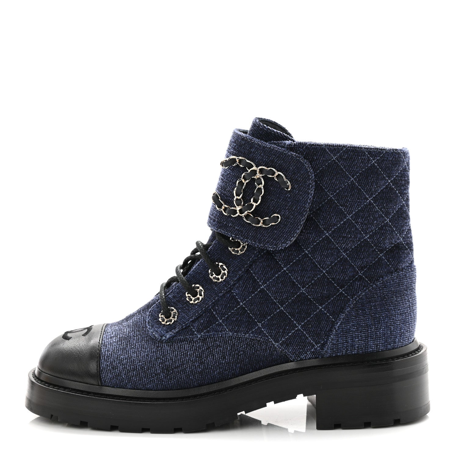 Chanel Denim Calfskin Quilted Lace Up Combat Boots 37.5 Blue 1 of 11