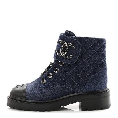 Chanel Denim Calfskin Quilted Lace Up Combat Boots 37.5 Blue 1 of 11