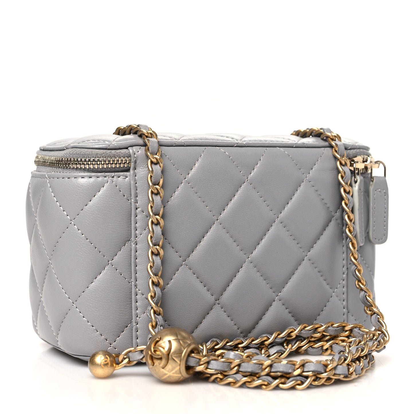 Lambskin Quilted Small Pearl Crush Vanity Case With Chain Grey