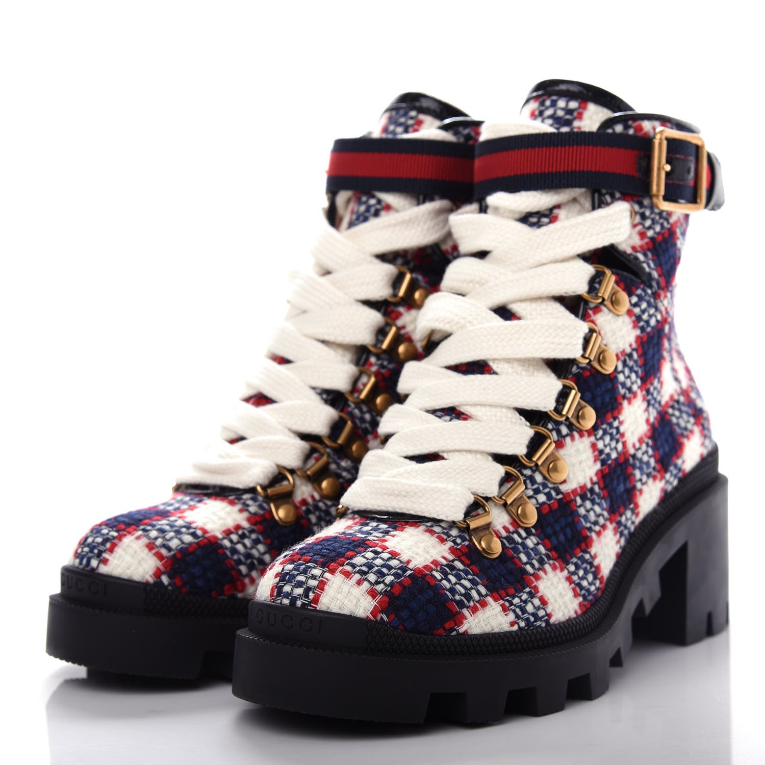 Gucci Vintage Tweed Check Lace Up Combat Ankle Boots 35 White Hibiscus Red Marine 3 of 11
