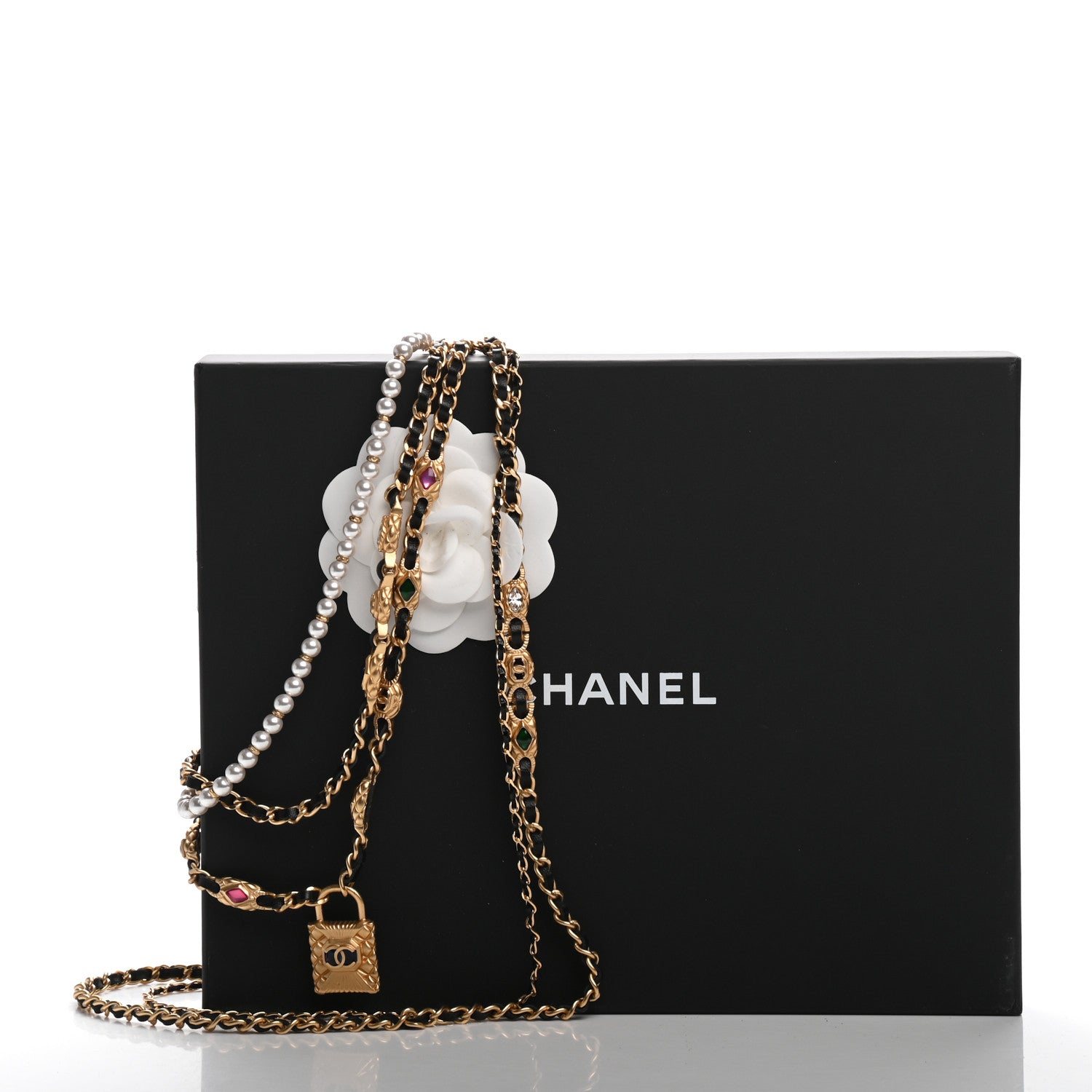 Chanel Calfskin Pearl Gripoix CC Lock Chain Necklace Black Gold Multicolor 5 of 5