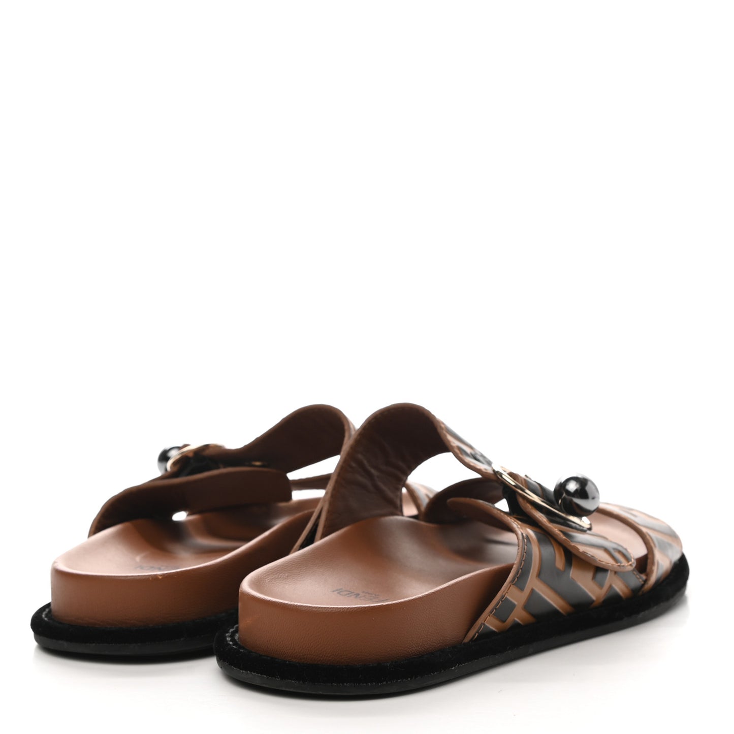 Calfskin FF Embossed Pearland Slide Sandals 36.5 Tobacco Moro