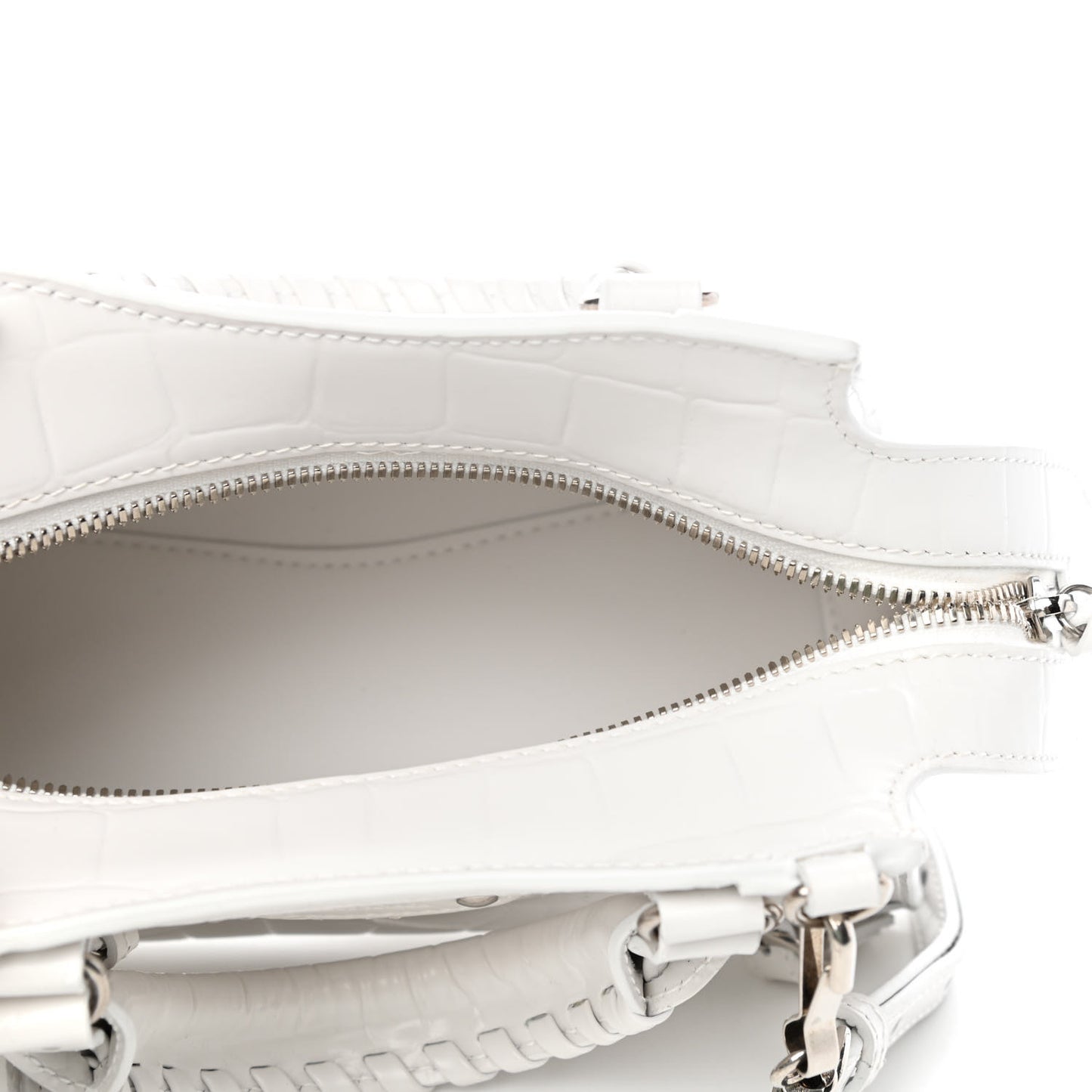 Semi Shiny Calfskin Crocodile Embossed Neo Classic Silver Hardware Mini City White
