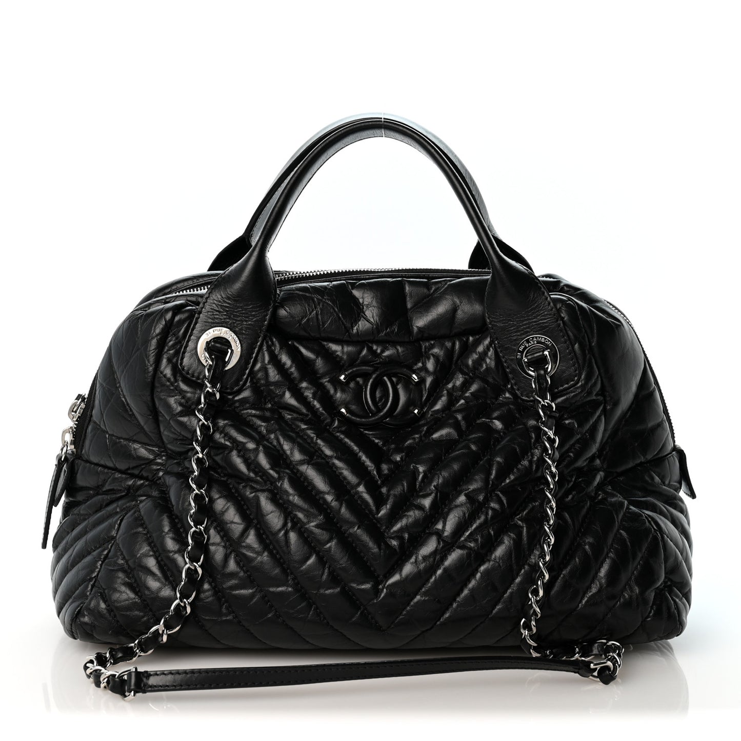 Aged Calfskin Chevron Medium Soft Bowling Bag Black