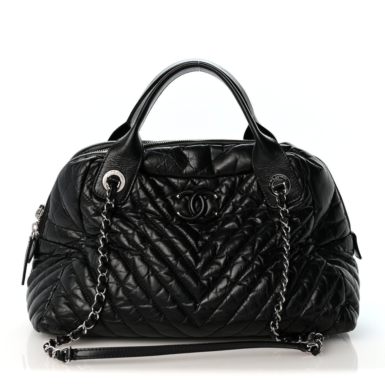 Chanel Aged Calfskin Chevron Medium Soft Bowling Bag Black 1 of 14