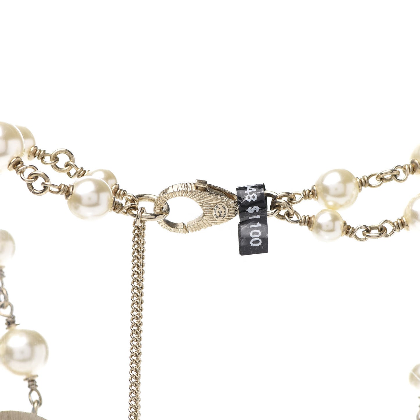 Metal Quilted Pearl CC Long Necklace Light Gold