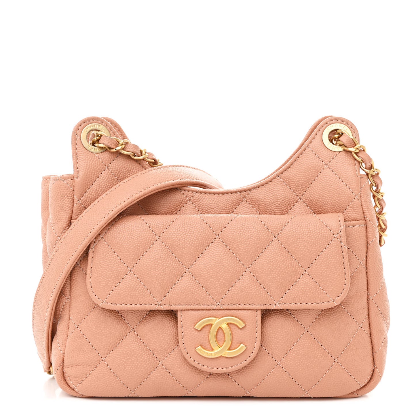 Caviar Quilted Small Wavy CC Hobo Coral