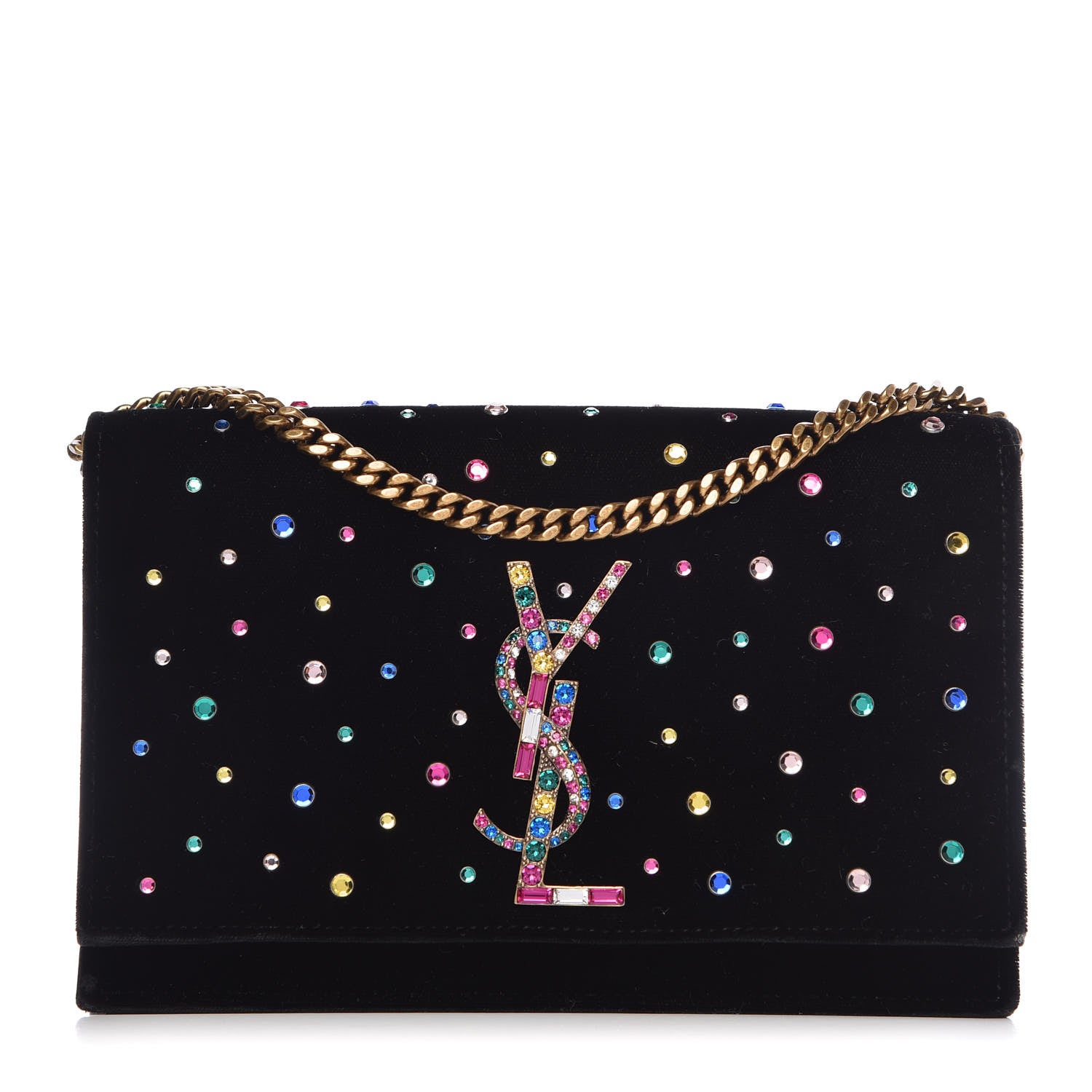 Saint Laurent Velvet Crystal Embellished Monogram Kate Chain Wallet Black 1 of 10