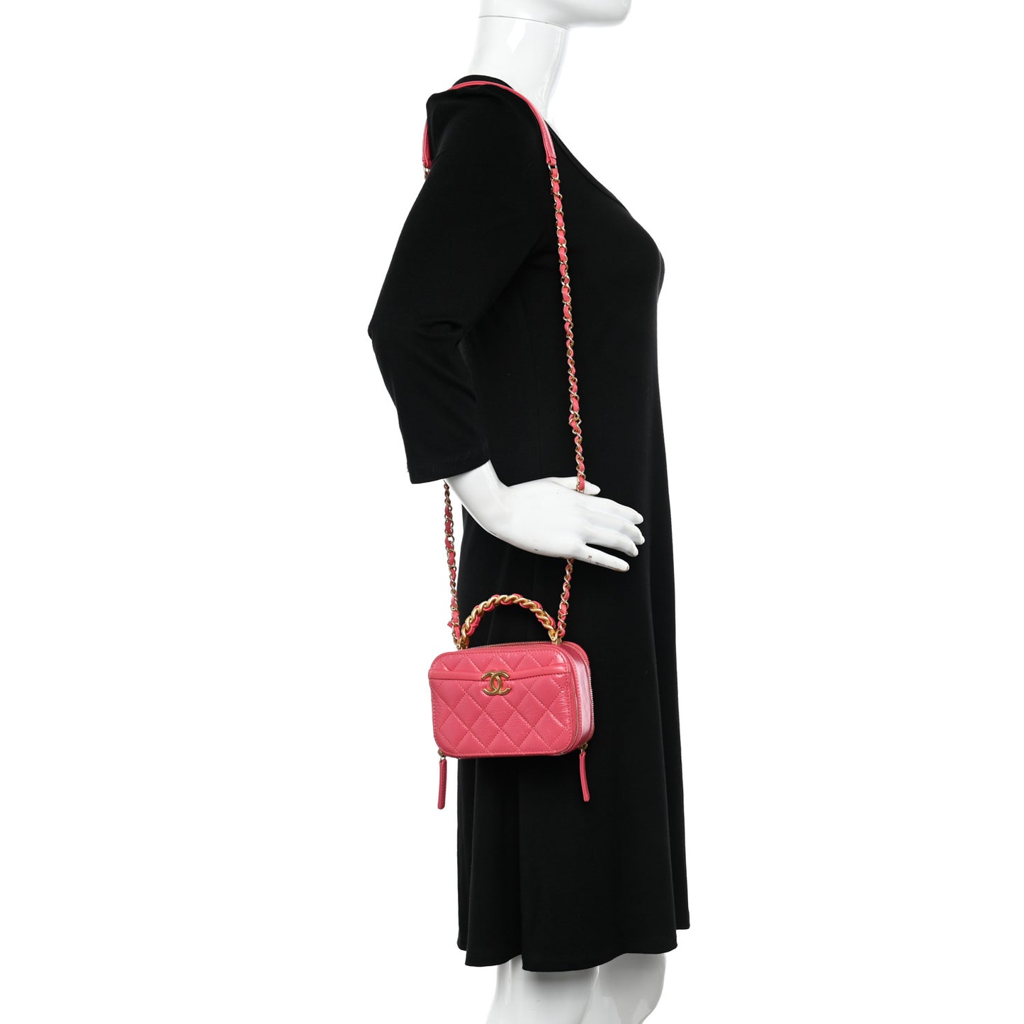 Glazed Aged Calfskin Quilted Small Top Handle Vanity Case Dark Pink