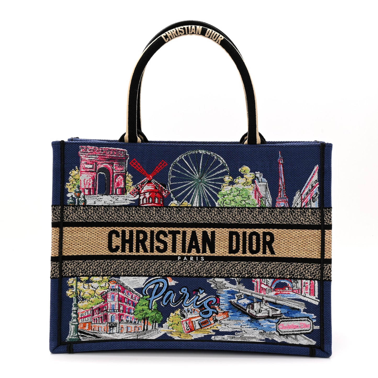 Raffia Souvenir Embroidered Medium Book Tote Blue Natural Multicolor