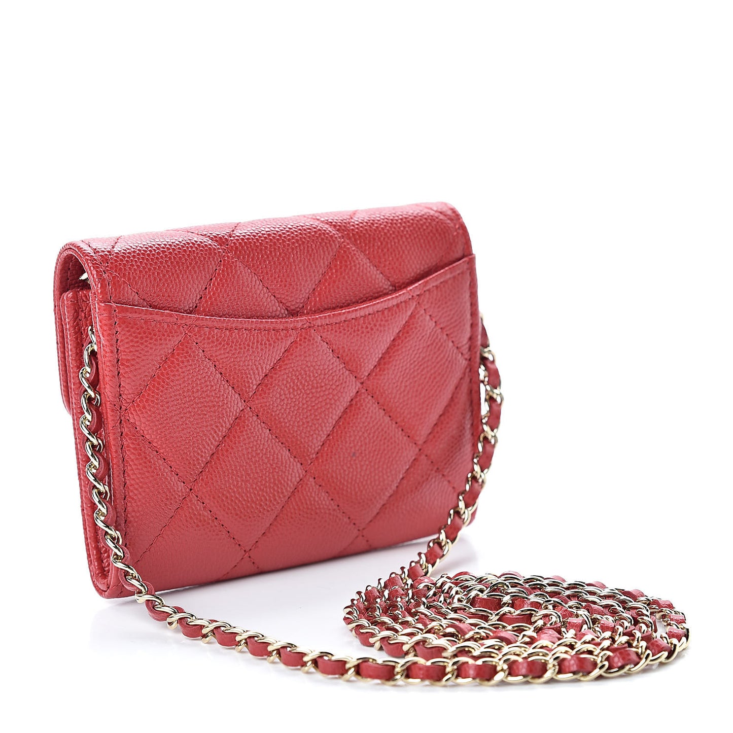 Caviar Quilted Flap Card Holder On Chain Red