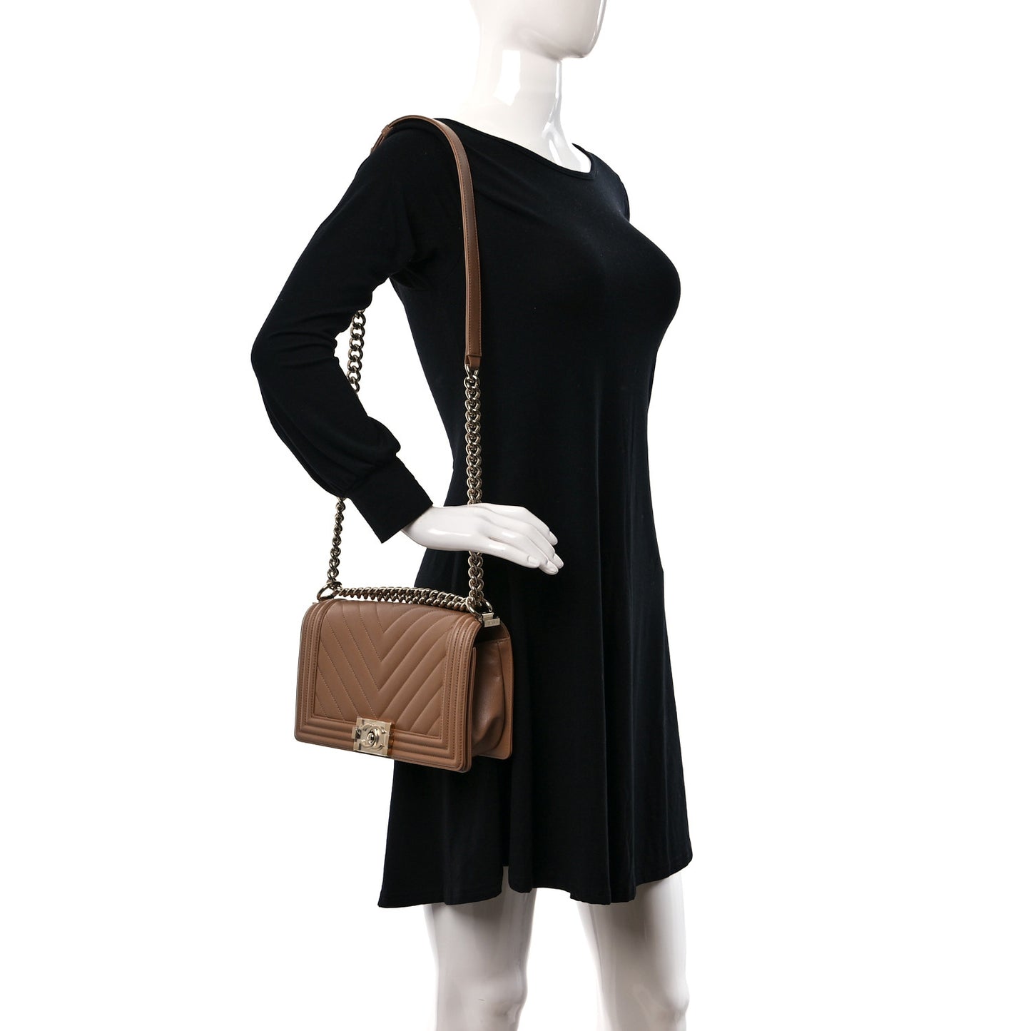 Caviar Chevron Quilted Medium Boy Flap Dark Beige