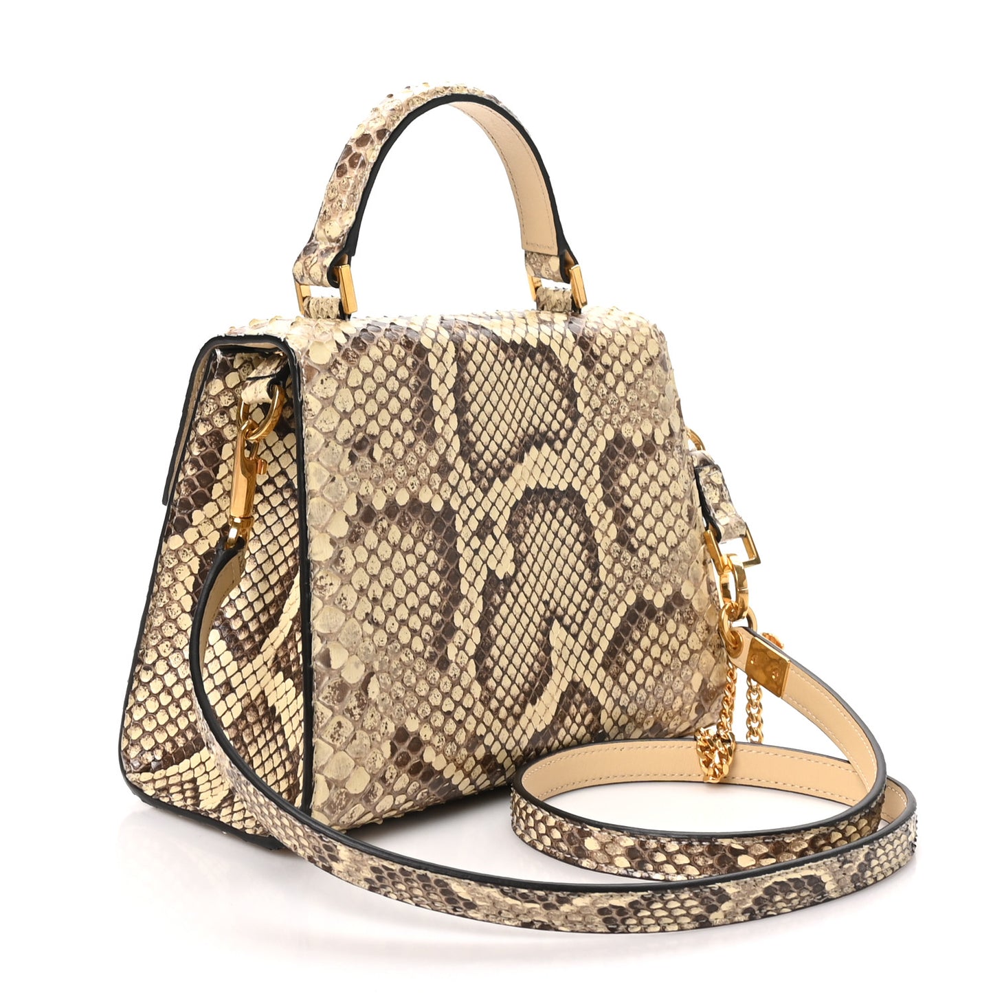 Snakeskin Small VSling Top Handle Bag Beige