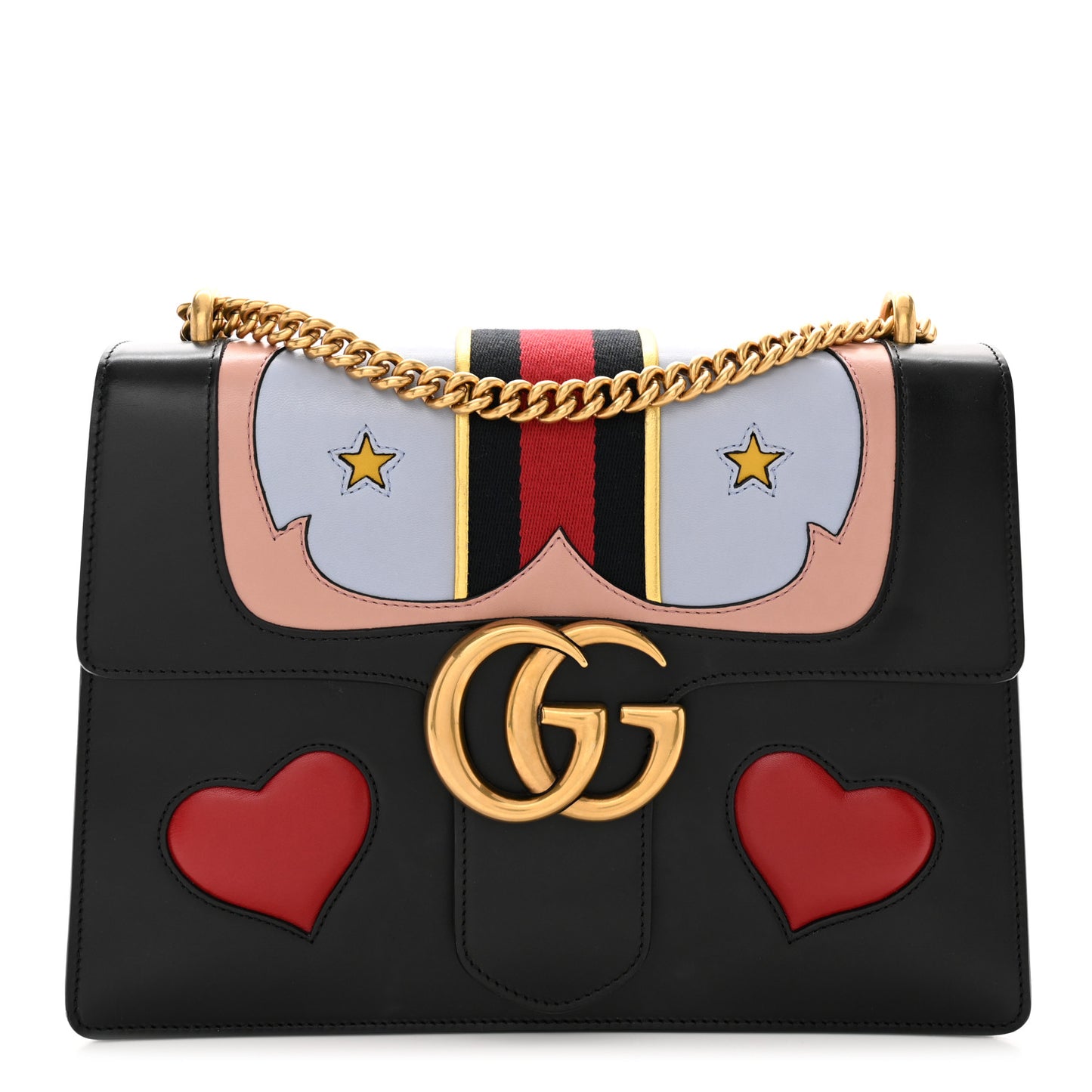 Calfskin Web Heart Medium GG Marmont Chain Handle Bag Black