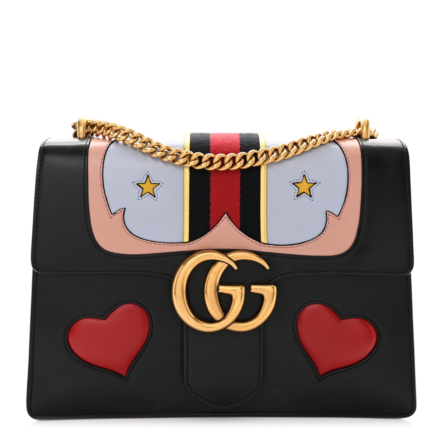 Gucci Calfskin Web Heart Medium GG Marmont Chain Handle Bag Black 1 of 14