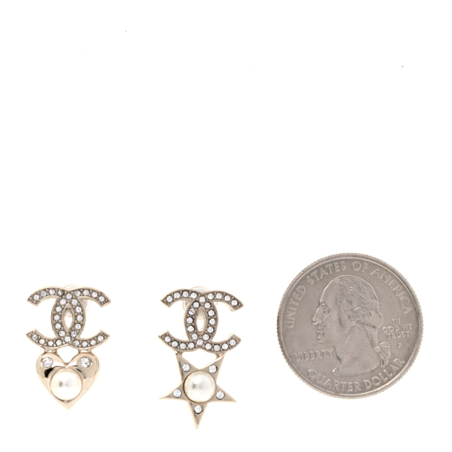 Chanel Crystal Pearl Charming Winter CC Star Heart Earrings Gold 2 of 3
