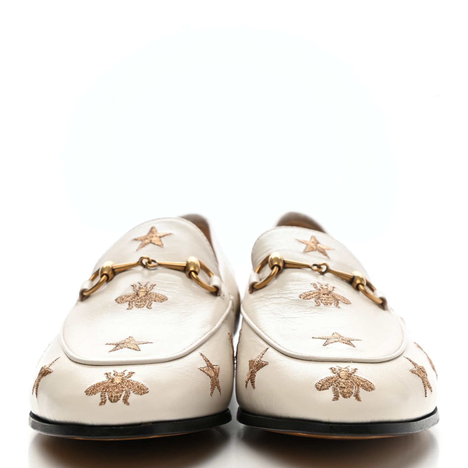 Gucci Goatskin Bee Star Embroidered Womens Jordaan Loafers 39.5 Mystic White 2 of 10