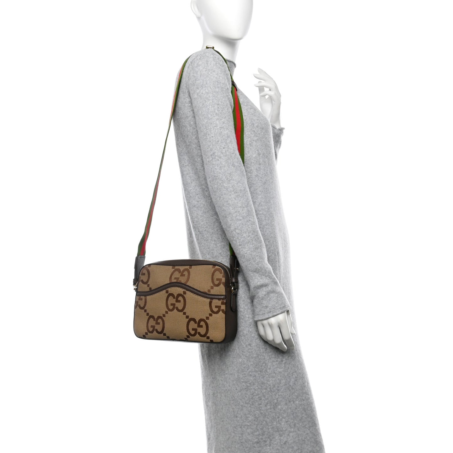 Monogram Jumbo GG Textured Dollar Calfskin Web Messenger Shoulder Bag Camel Ebony New Acero