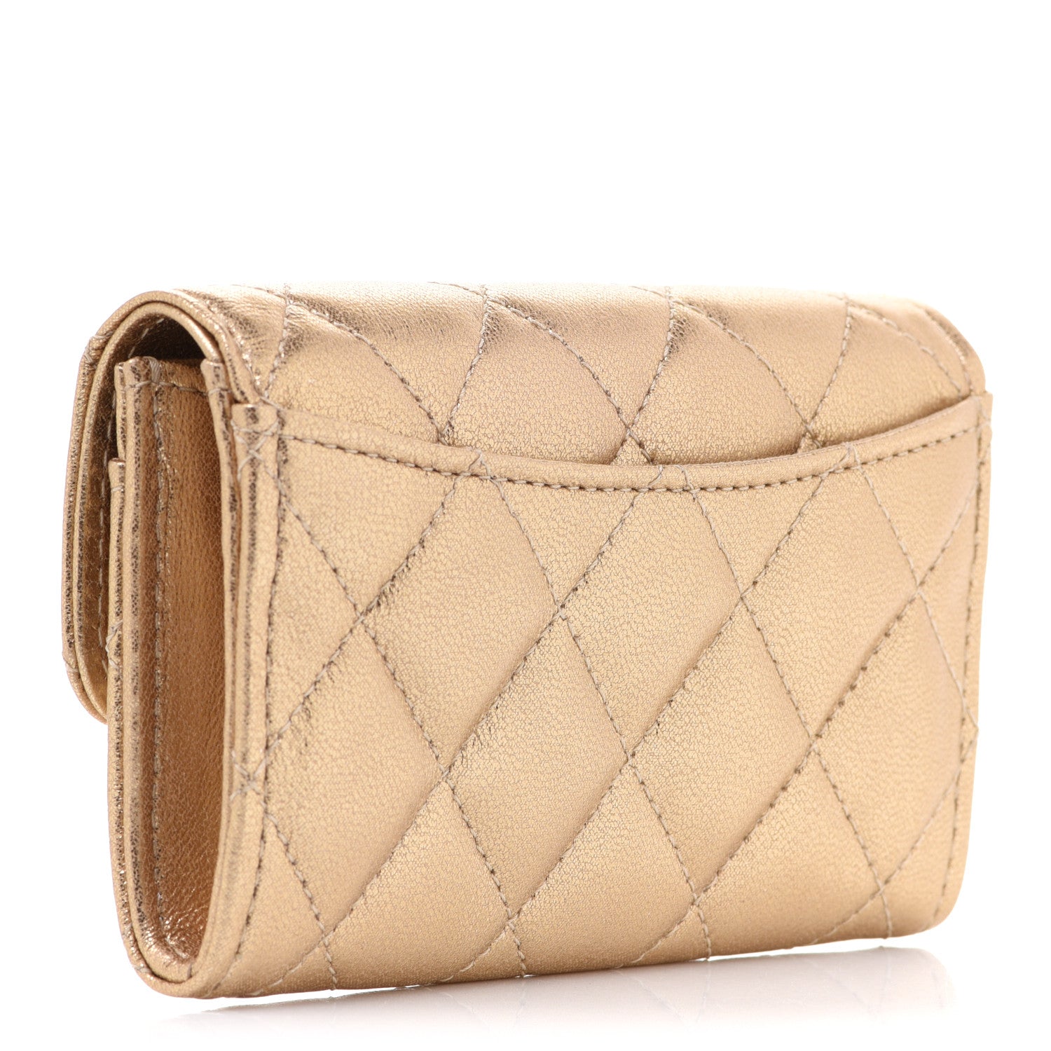 Chanel Metallic Lambskin Quilted Flap Card Holder Wallet Gold 3 of 10