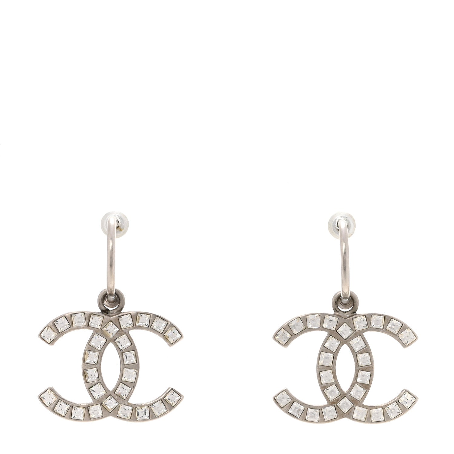 Chanel Baguette Crystal CC Dangle Earrings Silver 1 of 3