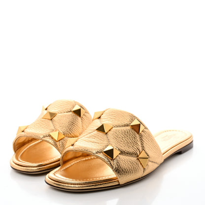 Valentino Garavani Metallic Pebbled Calfskin Roman Stud Flat Slide Sandals 39 Antique Brass 3 of 9