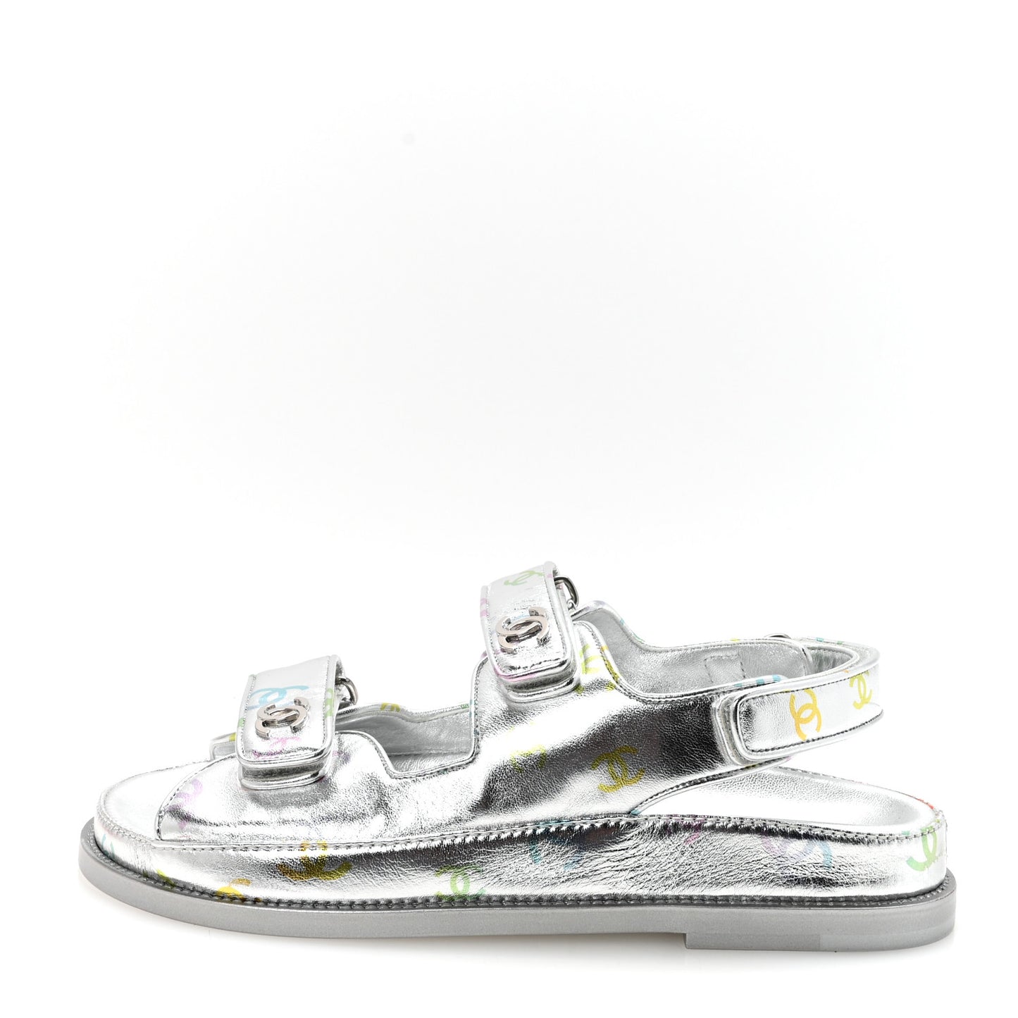 Laminated Lambskin Printed CC Dad Sandals 39 Silver Multicolor