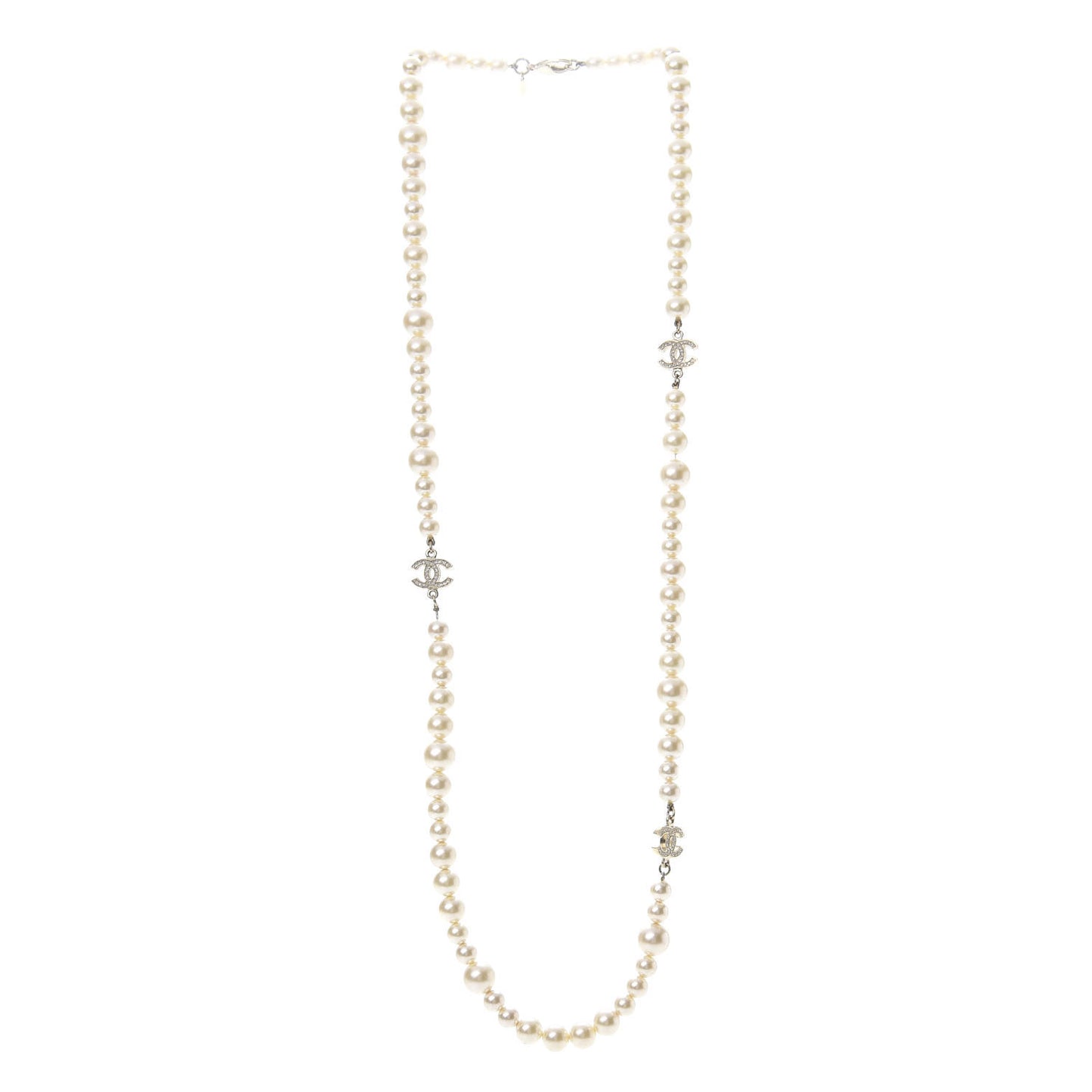 Pearl Crystal Long CC Necklace Gold