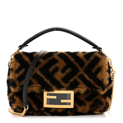 Fendi Shearling Vitello Dolce Macro FF 1974 Mini Baguette Tobacco Black 1 of 11