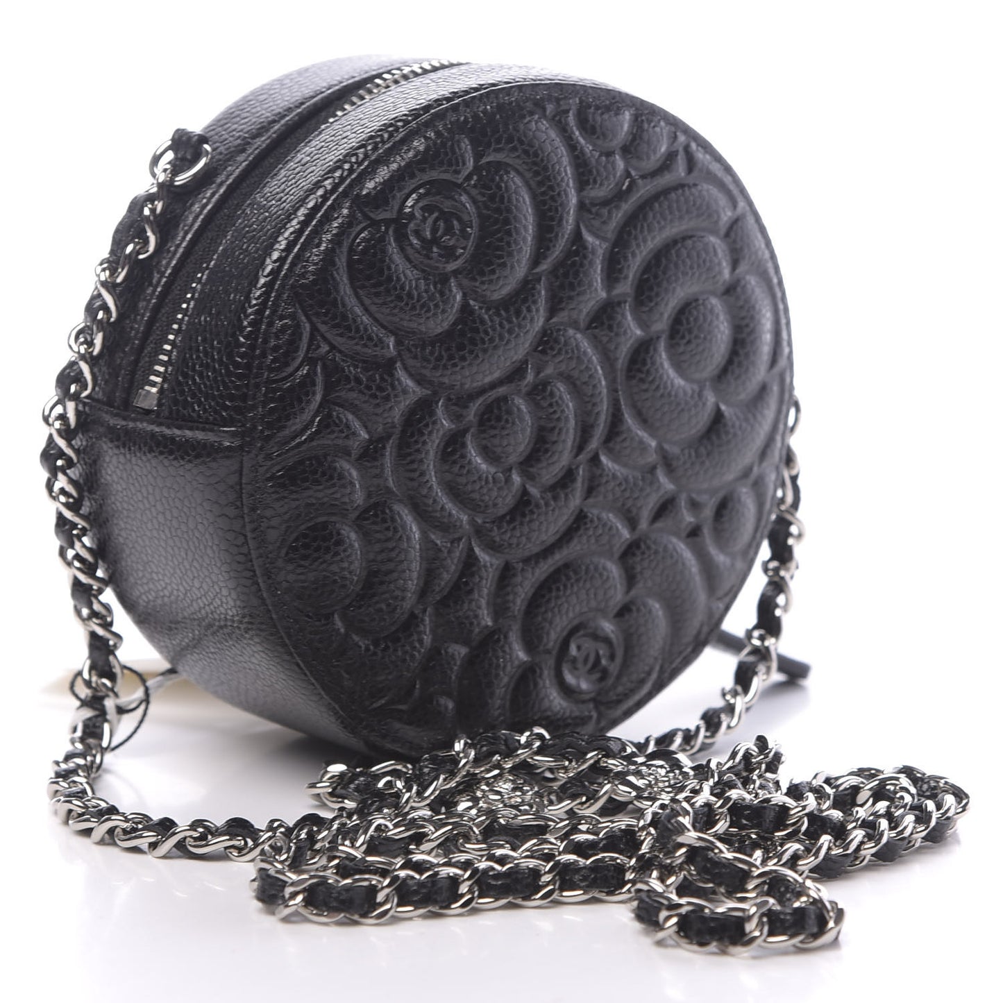 Caviar Camellia Embossed Round Clutch With Chain Black