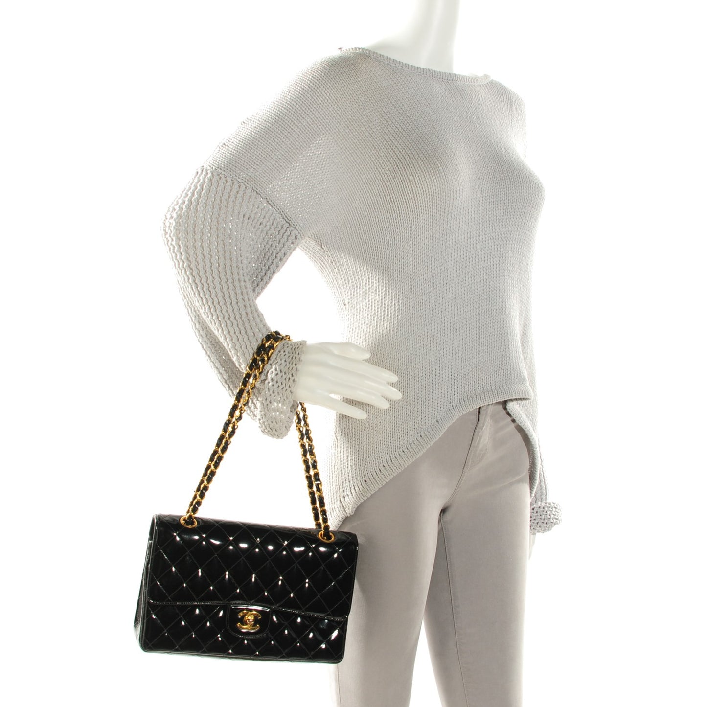 Patent Quilted Medium Double Flap Black