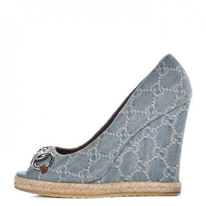 Gucci Denim Monogram Horsebit Open Toe Espadrille Wedges 39.5 Blue 1 of 15