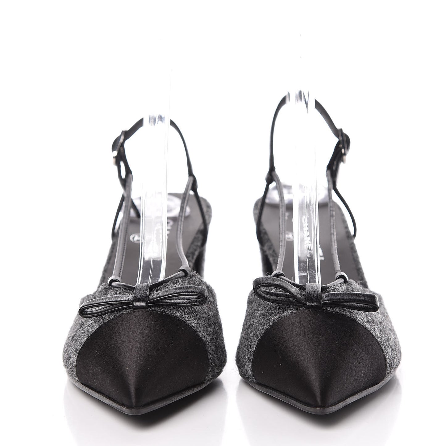 Tweed Satin Cap Toe CC Slingback Pumps 40 Black Grey