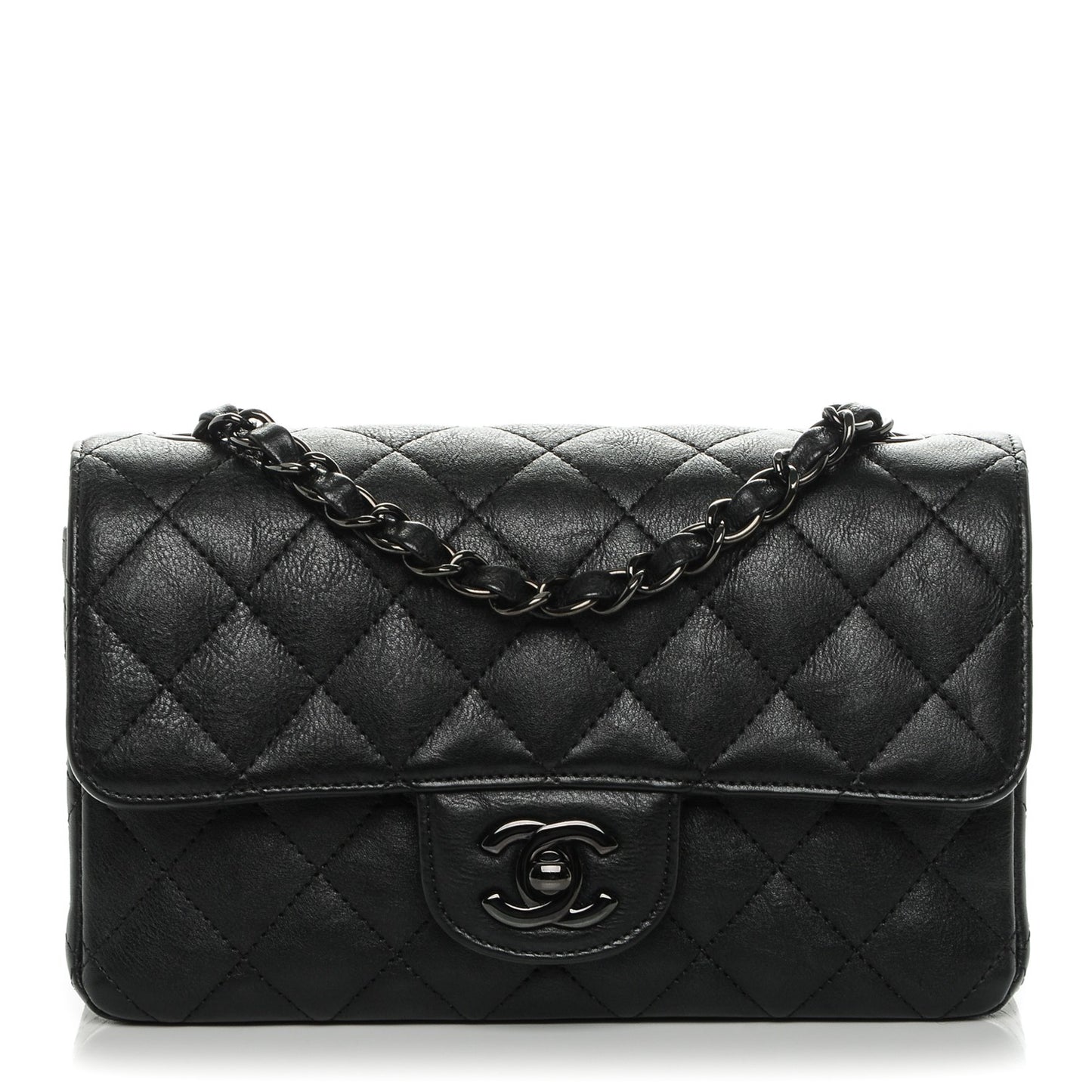 Crumpled Calfskin Quilted Mini Rectangular Flap So Black