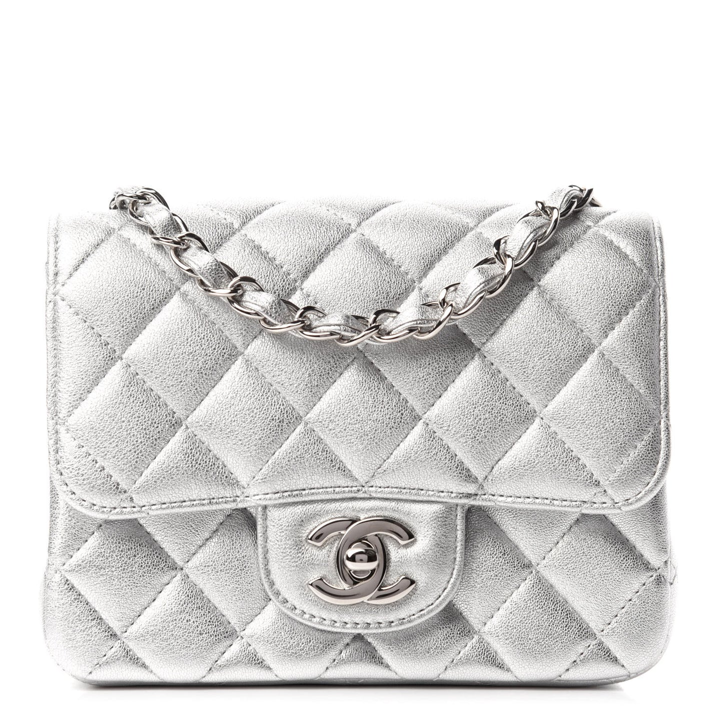 Metallic Lambskin Quilted Mini Square Flap Silver