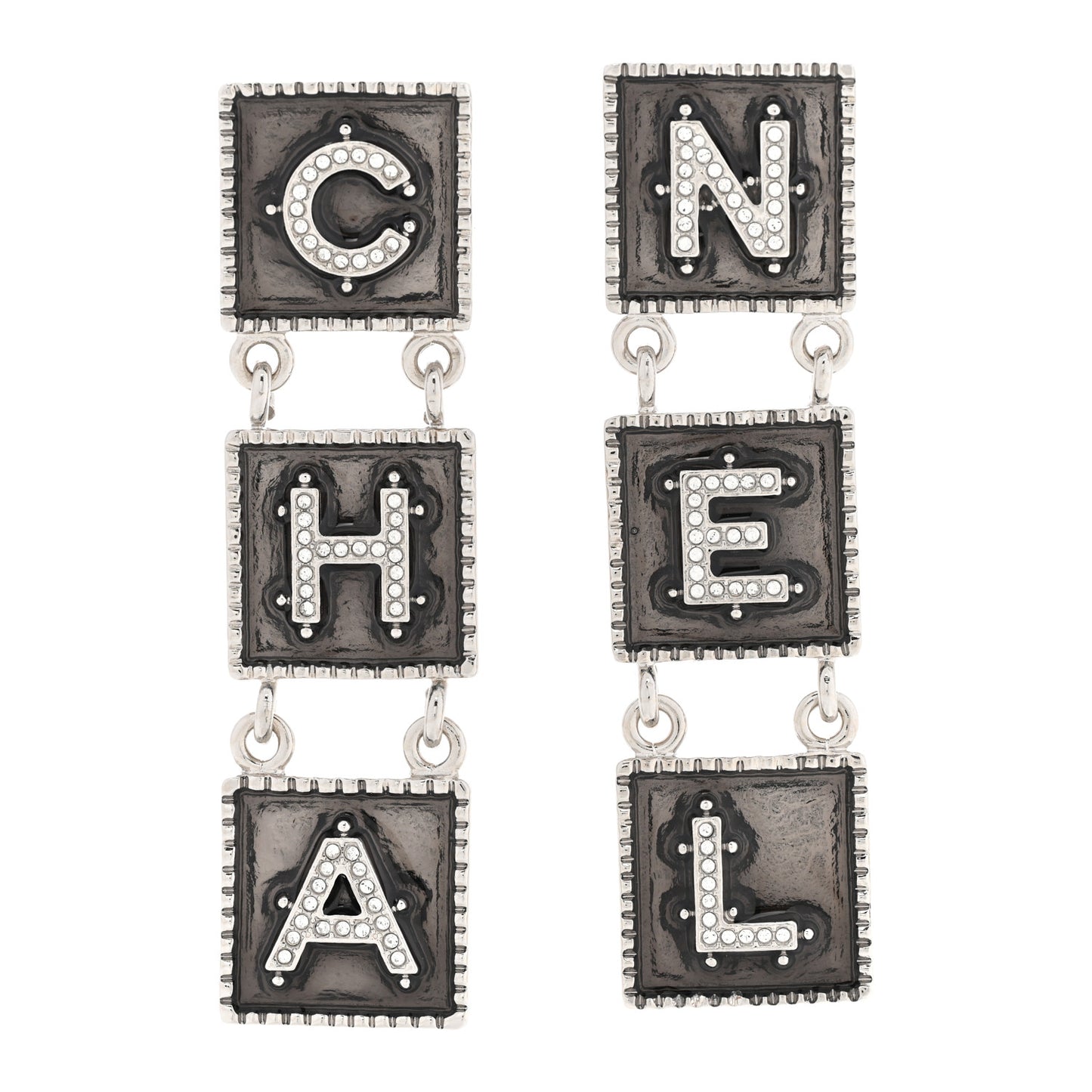 Metal Crystal Cha-Nel Logo Drop Earrings Silver